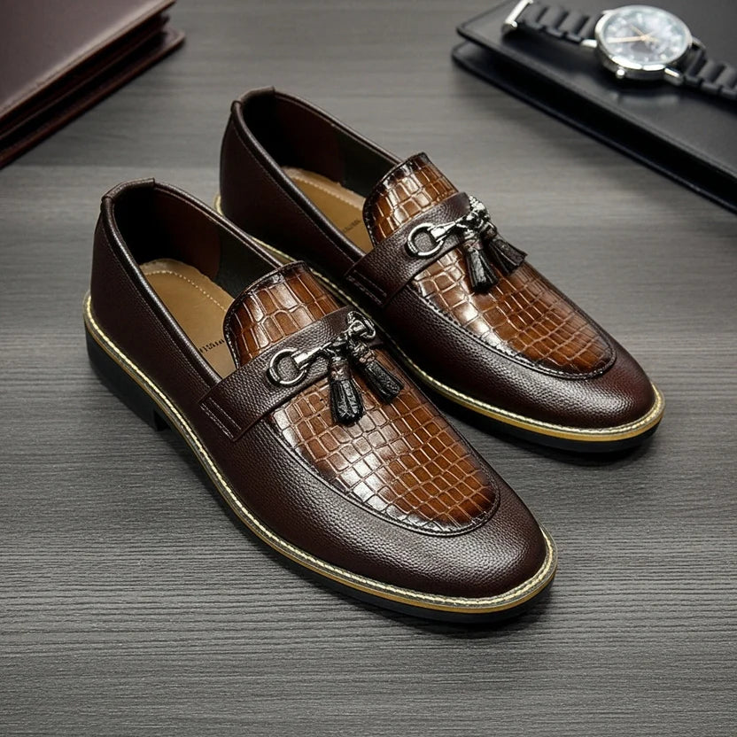 Handcrafted Shaded Brown Leather Loafers with Textured Suede Finish & Cushioned Gel Sole