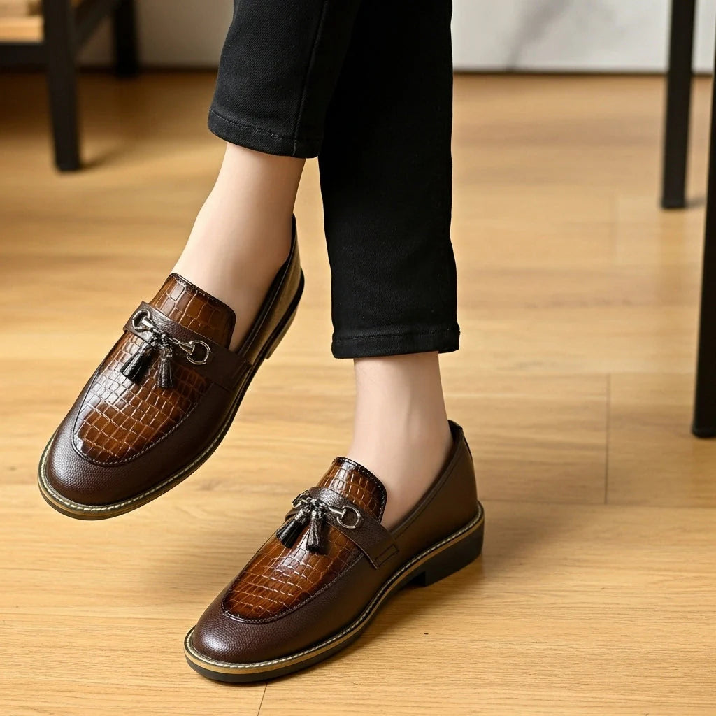 Handcrafted Shaded Brown Leather Loafers with Textured Suede Finish & Cushioned Gel Sole