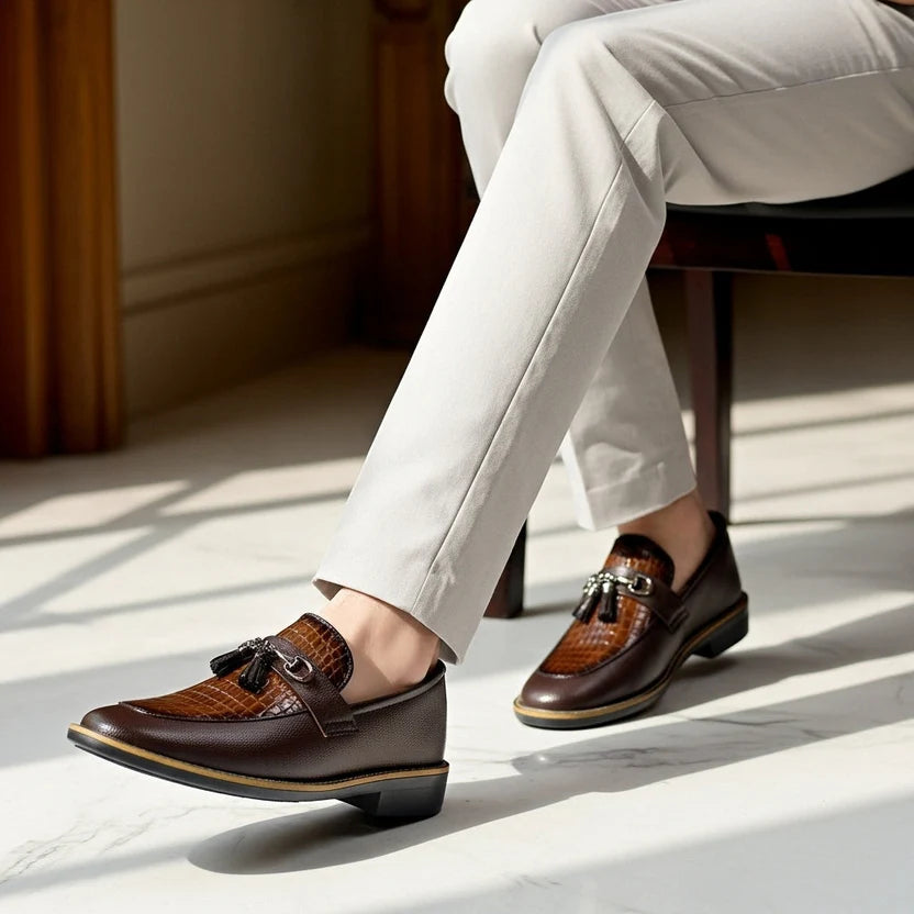 Handcrafted Shaded Brown Leather Loafers with Textured Suede Finish & Cushioned Gel Sole