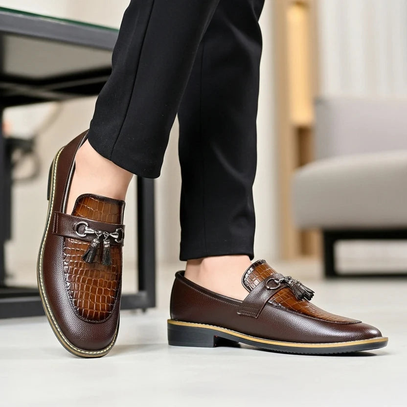 Handcrafted Shaded Brown Leather Loafers with Textured Suede Finish & Cushioned Gel Sole