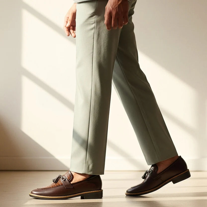 Handcrafted Shaded Brown Leather Loafers with Textured Suede Finish & Cushioned Gel Sole