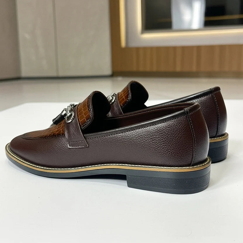 Handcrafted Shaded Brown Leather Loafers with Textured Suede Finish & Cushioned Gel Sole