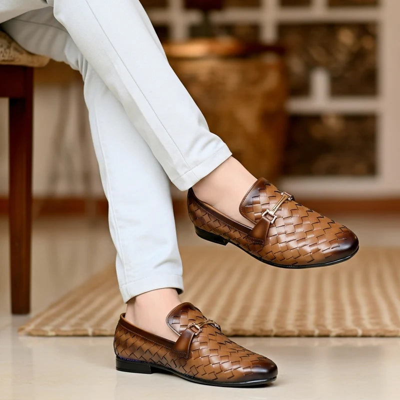 Premium Handmade Brown Leather Woven Loafers  Italian Slip On Style