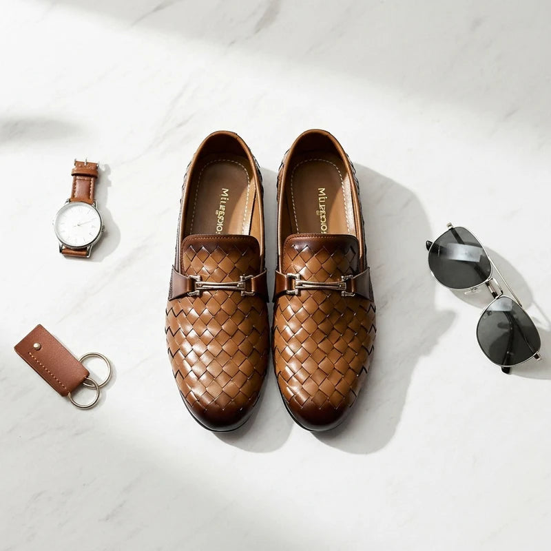 Premium Handmade Brown Leather Woven Loafers  Italian Slip On Style