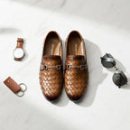 Premium Handmade Brown Leather Woven Loafers  Italian Slip On Style