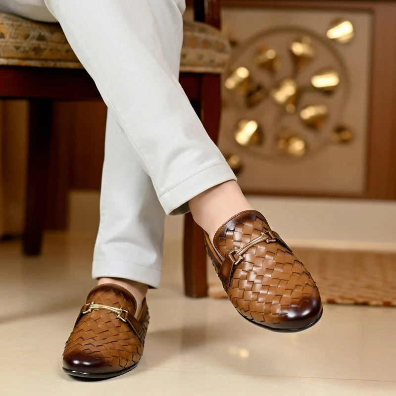 Premium Handmade Brown Leather Woven Loafers  Italian Slip On Style