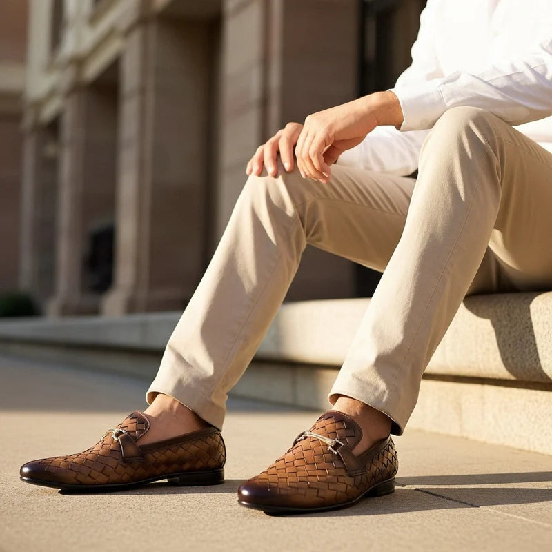 Premium Handmade Brown Leather Woven Loafers  Italian Slip On Style